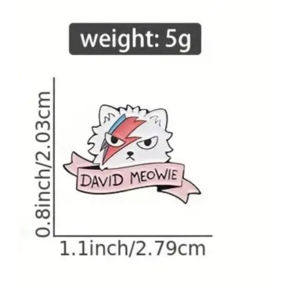 "David Meowie" Cute Enamel White Cat Brooch Pin for Bags and Clothing - Adorable - Picture 3 of 3